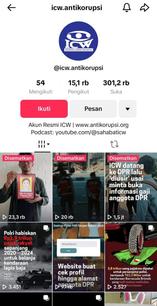 Foto Tiktok @icw.antikorupsi yang mebagikan kegiatannya mengenai anti korupsi bersama anak muda